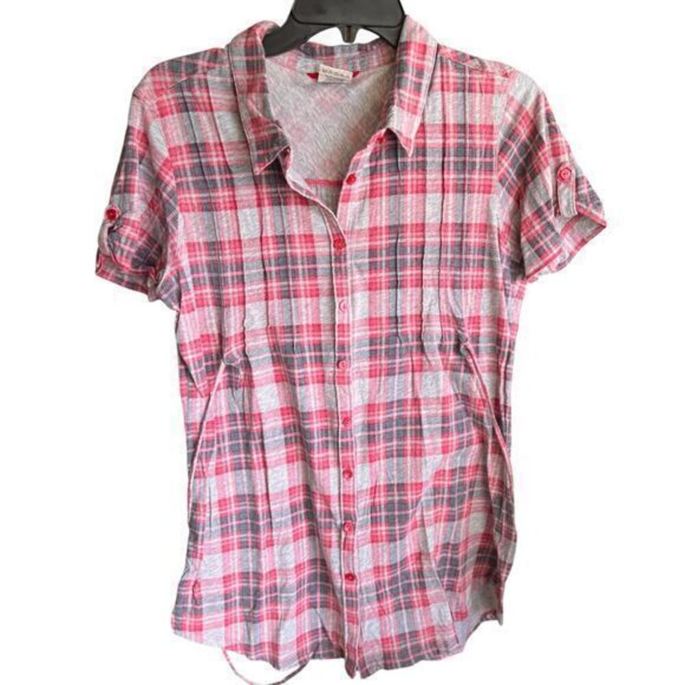 Vintage Unionbay pink plaid jersey knit tan sleeve tie backback camp shirt sz XL